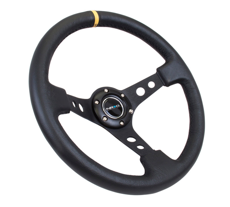 NRG Reinforced Steering Wheel (350mm / 3in. Deep) Blk Leather w/Blk Cutout Spoke/Yellow Center Mark - Chris Taylor Racing Services