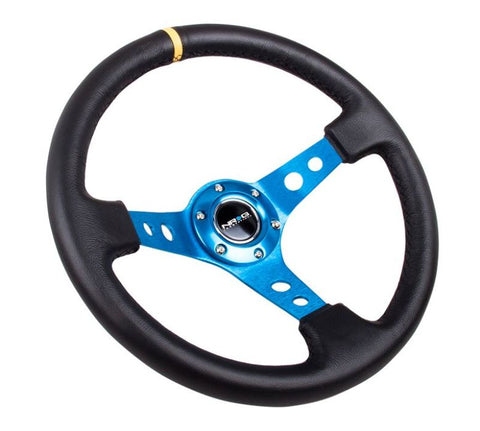 NRG Reinforced Steering Wheel (350mm / 3in. Deep) Blk Leather w/Blue Cutout Spoke & Single Yellow CM