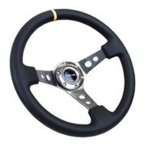 NRG Reinforced Steering Wheel (350mm / 3in. Deep) Blk Leather w/Gunmetal Cutout Spoke & Yellow CM