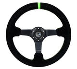 NRG Reinforced Steering Wheel 350mm/3in. Deep Blk Suede/ Neon Green Stitch w/5mm Matte Black Spoke