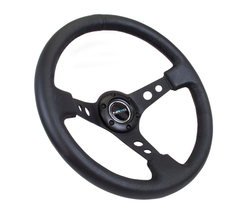 NRG Reinforced Steering Wheel (350mm / 3in. Deep) Blk Leather w/Blk Spoke & Circle Cutouts - Chris Taylor Racing Services