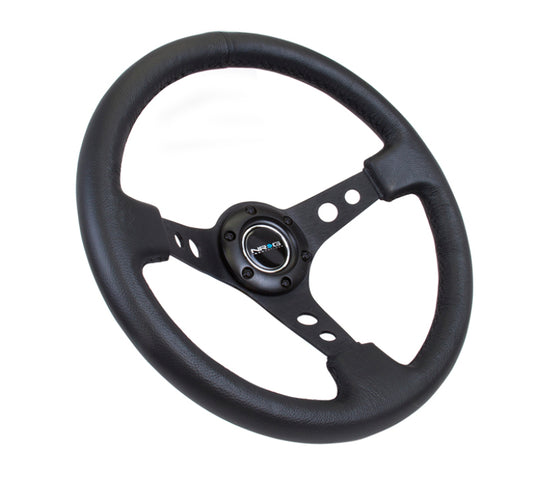 NRG Reinforced Steering Wheel (350mm / 3in. Deep) Blk Leather w/Blk Spoke & Circle Cutouts - Chris Taylor Racing Services