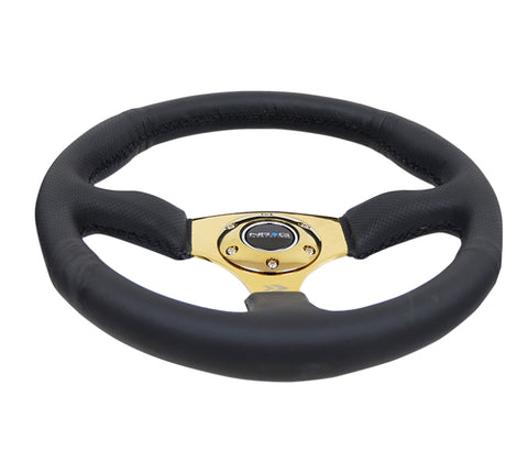 NRG Reinforced Steering Wheel (350mm / 2.5in. Deep) Leather Race Comfort Grip w/4mm Gold Spokes - Chris Taylor Racing Services