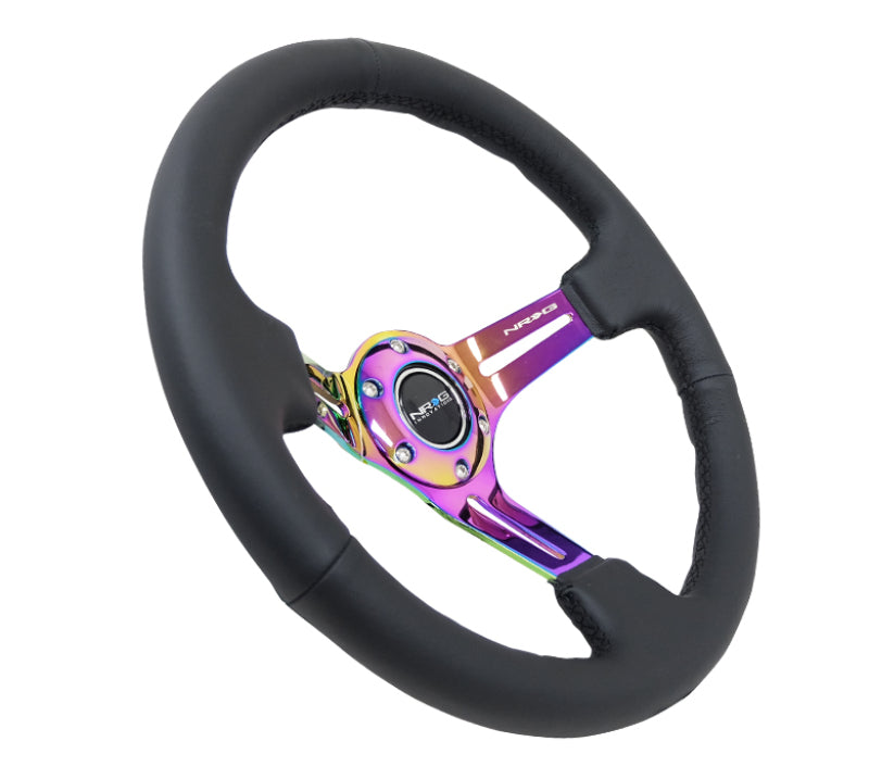 NRG Reinforced Steering Wheel (350mm / 3in. Deep) Blk Leather/Blk Stitch w/Neochrome Slits - Chris Taylor Racing Services