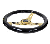 NRG Classic Wood Grain Steering Wheel (350mm) Black Grip w/Chrome Gold 3-Spoke Center