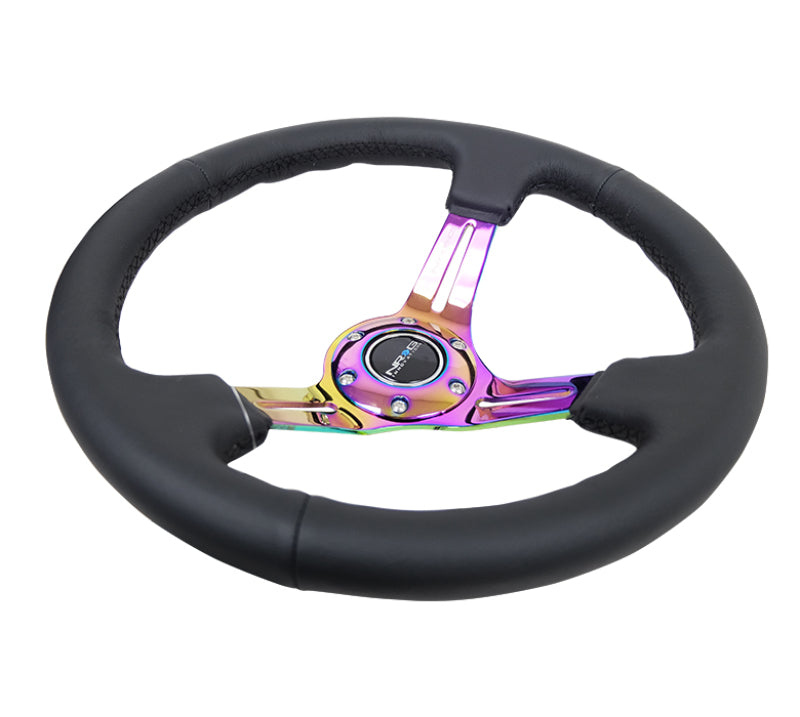 NRG Reinforced Steering Wheel (350mm / 3in. Deep) Blk Leather/Blk Stitch w/Neochrome Slits - Chris Taylor Racing Services