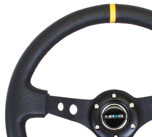 NRG Reinforced Steering Wheel (350mm / 3in. Deep) Blk Leather w/Blk Cutout Spoke/Yellow Center Mark - Chris Taylor Racing Services