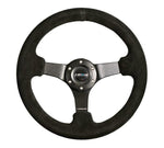NRG Reinforced Steering Wheel (330mm / 3in Deep) Blk Suede w/Criss Cross Stitch w/Blk 3-Spoke Center