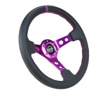 NRG Reinforced Steering Wheel (350mm / 3in. Deep) Black Leather w/Purple Center & Purple Stitching
