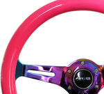 NRG Classic Wood Grain Steering Wheel (350mm) Neon Pink Painted Grip w/Neochrome 3-Spoke Center