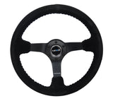 NRG Reinforced Steering Wheel (350mm / 3in. Deep) Blk Suede/Blk Bball Stitch w/5mm Matte Black Spoke