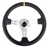 NRG Reinforced Steering Wheel (350mm / 3in. Deep) Blk Leather w/Circle Cut Spokes & Single Yellow CM