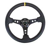 NRG Reinforced Steering Wheel (350mm / 3in. Deep) Blk Leather w/Blk Cutout Spoke/Yellow Center Mark - Chris Taylor Racing Services