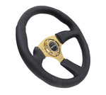 NRG Reinforced Steering Wheel (350mm / 2.5in. Deep) Leather Race Comfort Grip w/4mm Gold Spokes - Chris Taylor Racing Services
