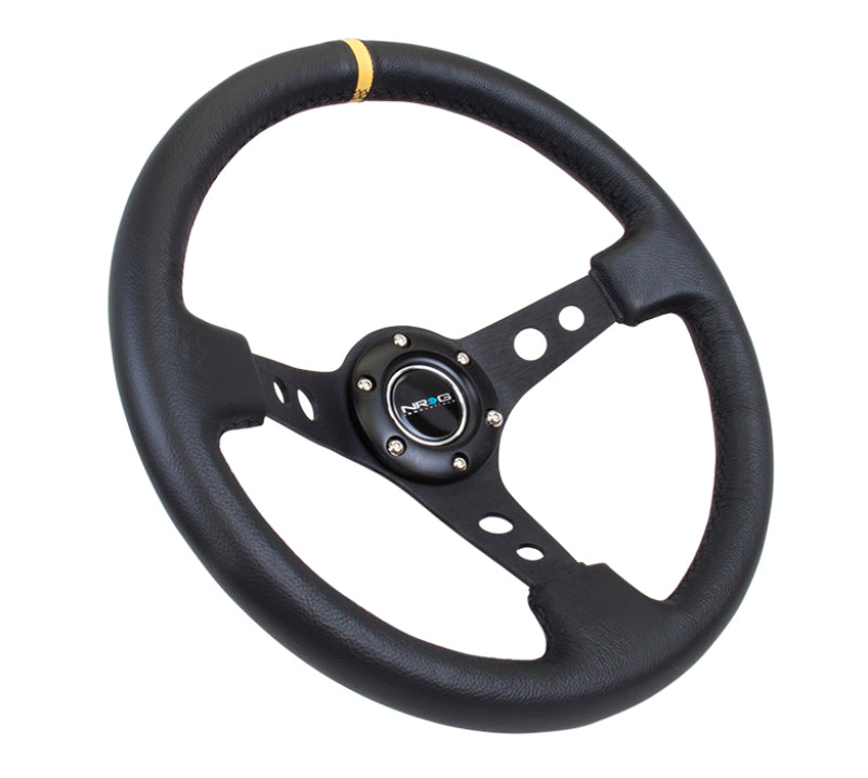 NRG Reinforced Steering Wheel (350mm / 3in. Deep) Blk Leather w/Blk Cutout Spoke/Yellow Center Mark - Chris Taylor Racing Services