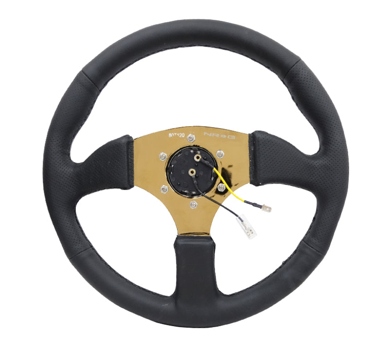 NRG Reinforced Steering Wheel (350mm / 2.5in. Deep) Leather Race Comfort Grip w/4mm Gold Spokes - Chris Taylor Racing Services