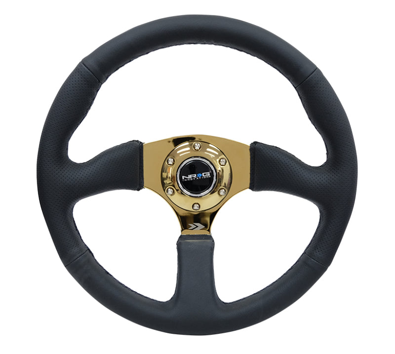 NRG Reinforced Steering Wheel (350mm / 2.5in. Deep) Leather Race Comfort Grip w/4mm Gold Spokes - Chris Taylor Racing Services